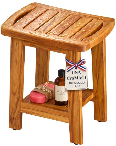 CraMAGI 14" Premium Teak Shower Bench with Shelf