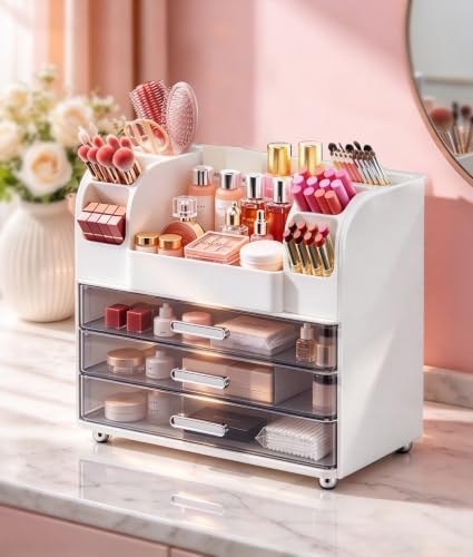 Hanyi Makeup Organizer with 3 Drawers & 6 Brush Holders, White