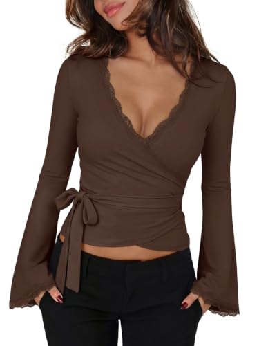Long Sleeve Lace Wrap Top with Bell Sleeves
