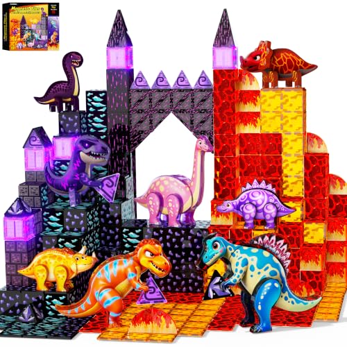 100PCS Magnetic Tiles Dinosaur Toys with 3D Movable Dinosaurs