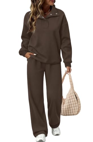 Sampeel Women's Two Piece Sweatsuit Henley Snaps Chocolate Brown L