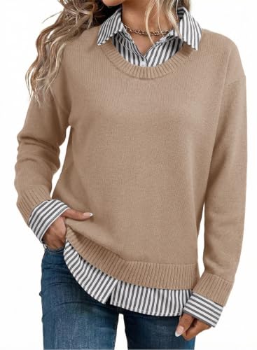 Dokotoo Women's Long Sleeve Sweater, Khaki, X-Large