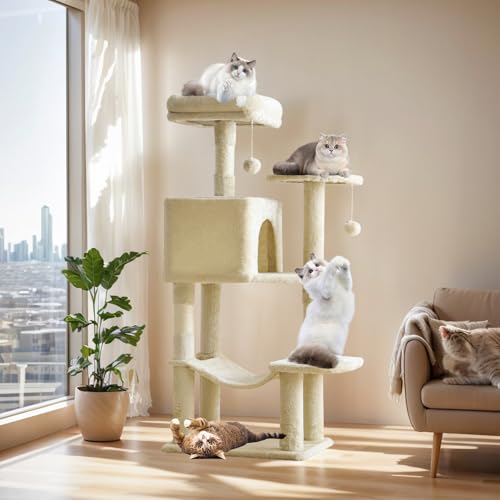 Sweetcrispy 44 Inch Cat Tree Tower with Sisal Posts & Hammock, Beige