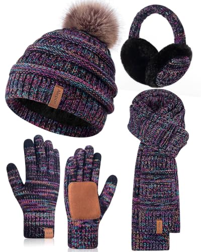 Winter Hat Scarf Gloves Earmuffs Set for Women, 4-in-1