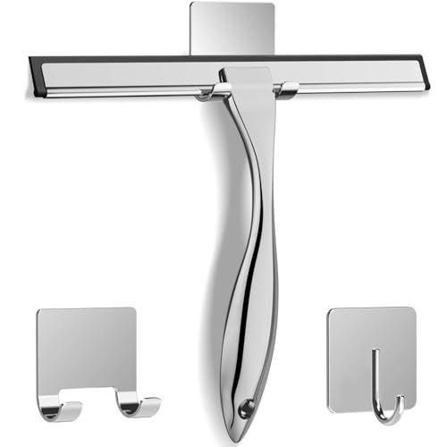 Stainless Steel Shower Squeegee with Adhesive Hooks, 10 Inch