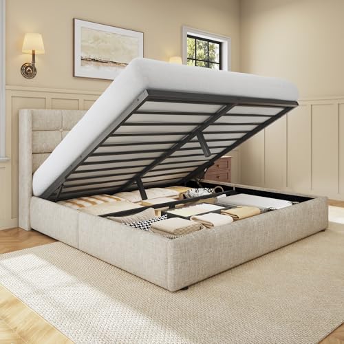 Queen Size Lift Up Storage Bed Frame, Linen Upholstered Wingback, Beige