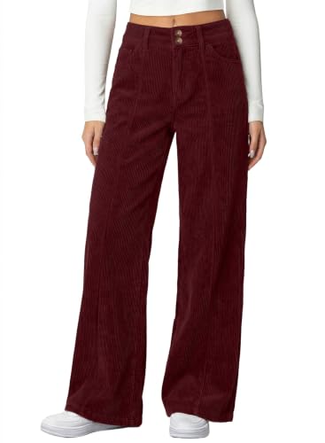 Womens High Waisted Wide Leg Corduroy Pants, Burgundy M