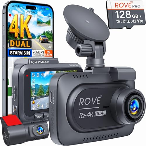 ROVE R2-4K Dual Dash Cam Front and Rear with 128GB Card