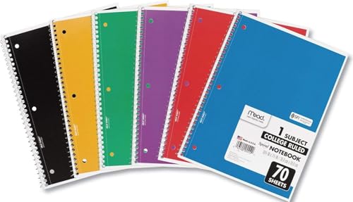 Mead Spiral Notebook, 1 Subject, College Ruled, 70 Sheets, 6 Pack