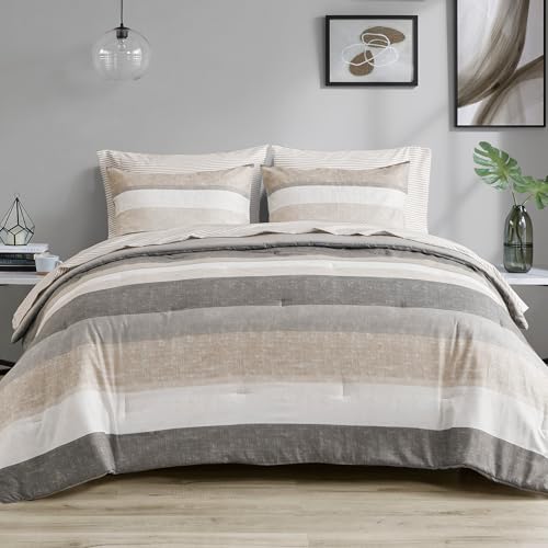 Madison Park Essentials King Comforter Set, Taupe/Grey Stripes, 7 Piece