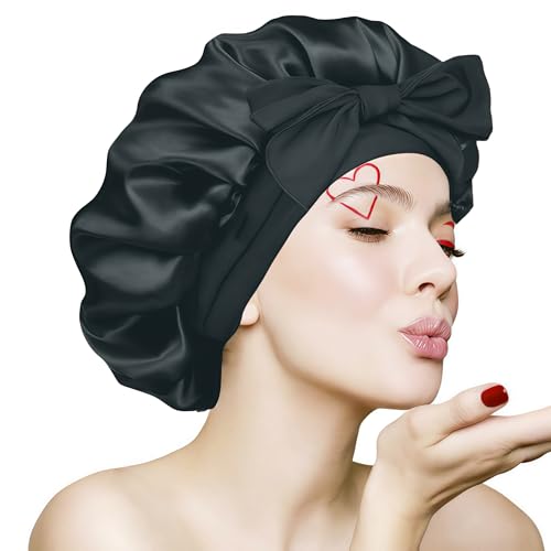 Silk Bonnet for Sleeping, Adjustable Large, Black