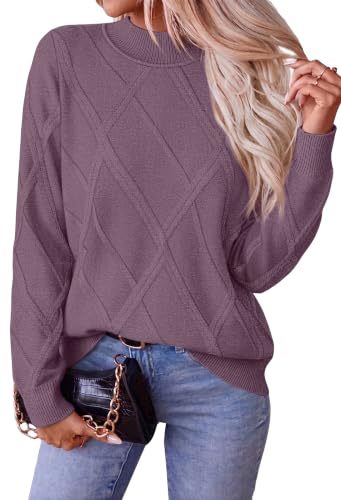 Purple Cable Knit Mock Neck Pullover Sweater M