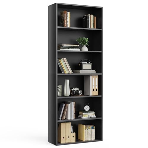 DUMOS 6-Tier Bookshelf, 63 Inch, Black Wood