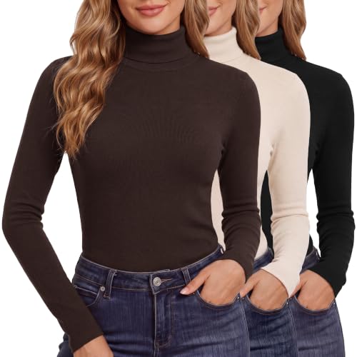 3 Pack Turtleneck Tops for Women, Long Sleeve Fleece-Lined