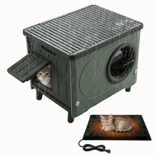 Heavy Duty Heated Outdoor Cat House with Escape Door, Green