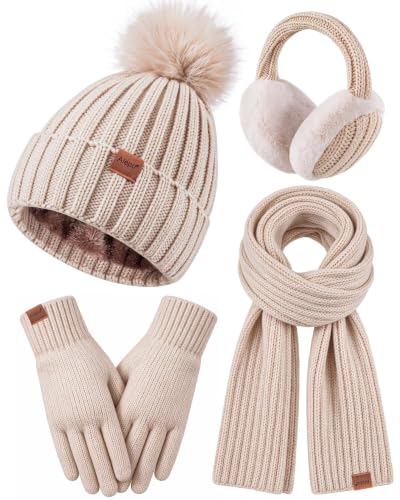 Women's Winter Hat Scarf Gloves Earmuffs Set, Oatmeal