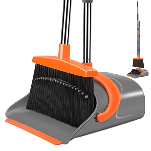 Ivandar Broom and Dustpan Set, Long Handle, Gray & Orange