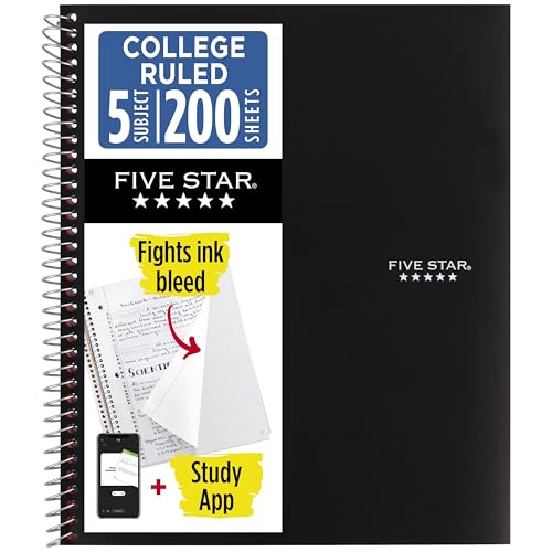 Five Star 5-Subject Spiral Notebook, College Ruled, 200 Sheets, Black