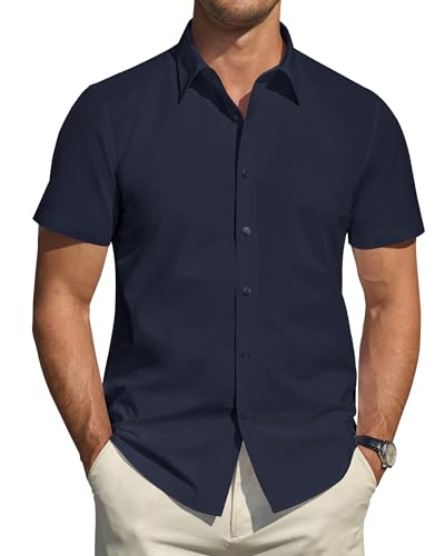 Men's Button Down Flex Stain Protection Short Sleeve Shirt Navy Large Deal on DealUpdates