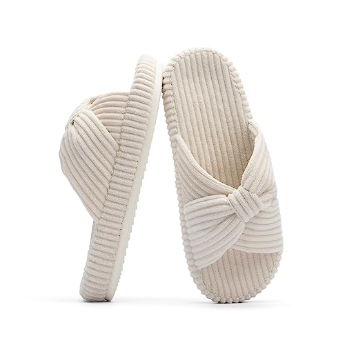 Chantomoo Memory Foam Slippers - Corduroy Bow Crossbands Beige