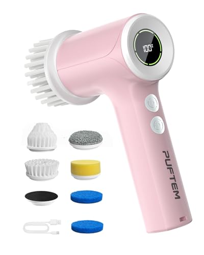 PUFTEM Electric Shower Scrubber, Cordless, Dual Direction, 6 Brush Heads