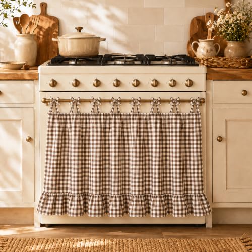 Farmhouse Oven Skirt, Coffee Brown Check Ruffle 30x21.5"