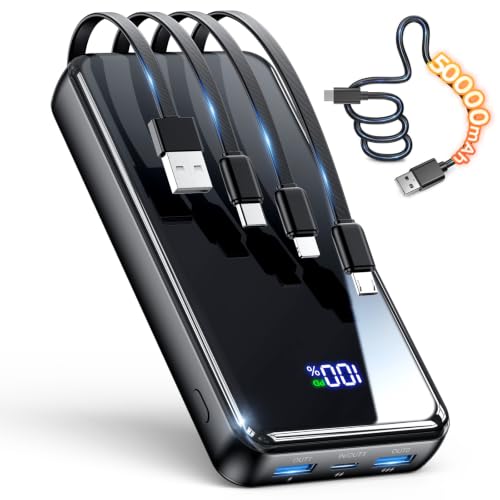 50000mAh Power Bank with 4 Built-in Cables, 22.5W Fast Charging