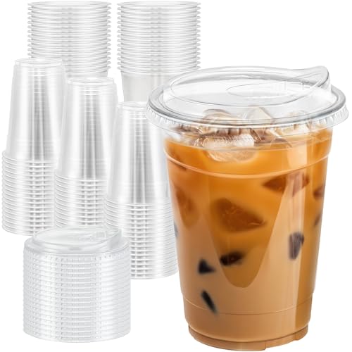 16 oz Plastic Iced Coffee Cups with Lids, 100 Pack