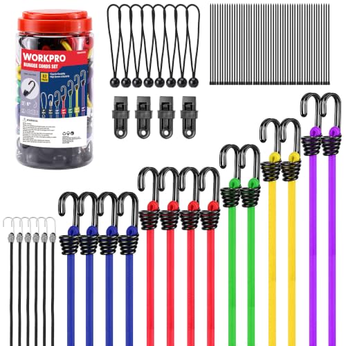 WORKPRO Bungee Cords with Hooks, 83 PC Heavy Duty Set