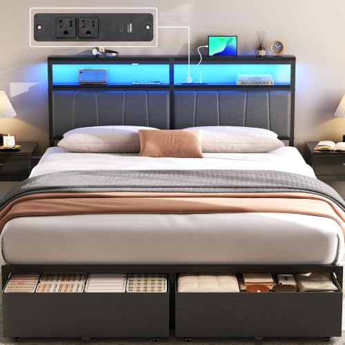 Queen Bed Frame with Storage Drawers & Charging Station, Grey