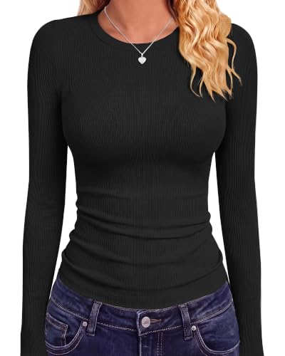Black Long Sleeve Ribbed Top Womens Basic Tee