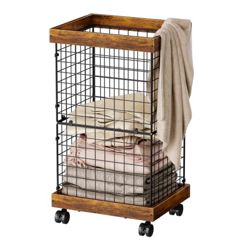 Rolling Hamper with Wheels, Wooden Wire Laundry Basket