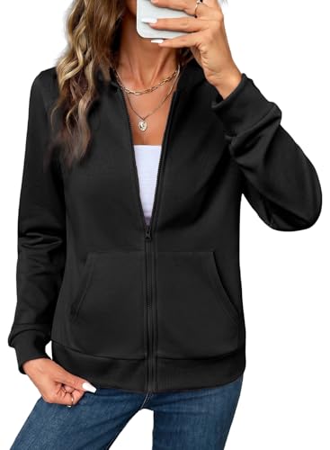 SHEWIN Women's Zip Up Hoodie - Black, Large