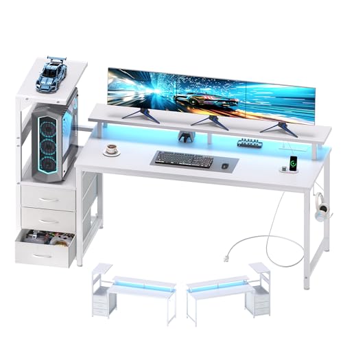 DUMOS 59" Reversible Gaming Desk with Power Outlet & LED