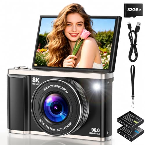 8K 96MP Digital Camera with 20X Zoom & Flip Screen