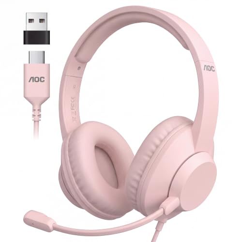 AOC USB Headset with Noise Cancelling Mic, Pink