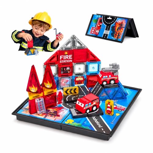 Mini Magnetic Tiles Fire Station Rescue Set with Trucks