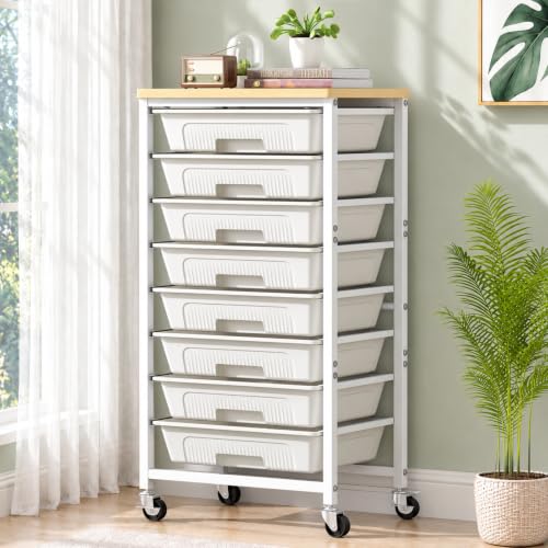 8-Drawer Rolling Cart with Wooden Top, Beige White