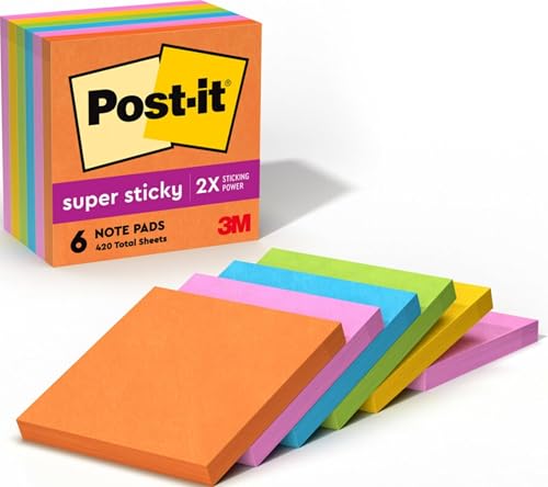 Post-it Super Sticky Notes, 3x3 in, Neon Fizz, 6 Pads
