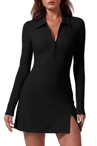 QINSEN Women's Tennis Dress with Shorts Long Sleeve Black S