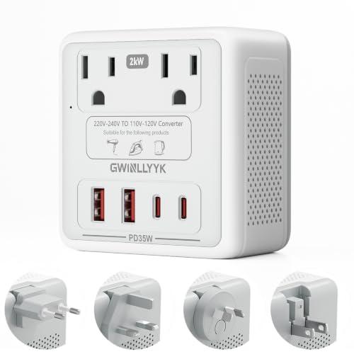 2000W 220v to 110v Travel Converter with USB-C, Gray
