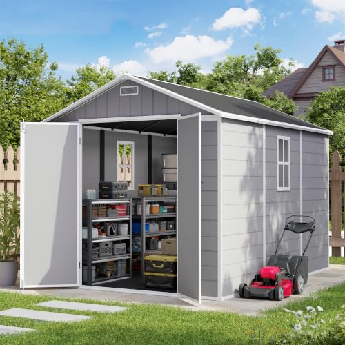 8x10 FT Outdoor Resin Storage Shed with Floor, Light Grey