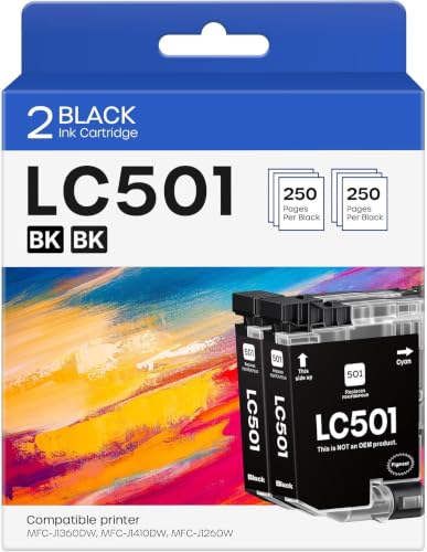 LC501 Ink Cartridges for Brother MFC-J1360DW/J1410DW, 2 Black
