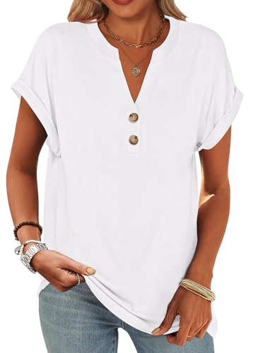 ANRABESS Womens Short Sleeve Henley V Neck Blouse White M