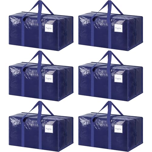 6 Pack Extra Heavy Duty Large Moving Bags with Zipper & Handles, Dark Blue
