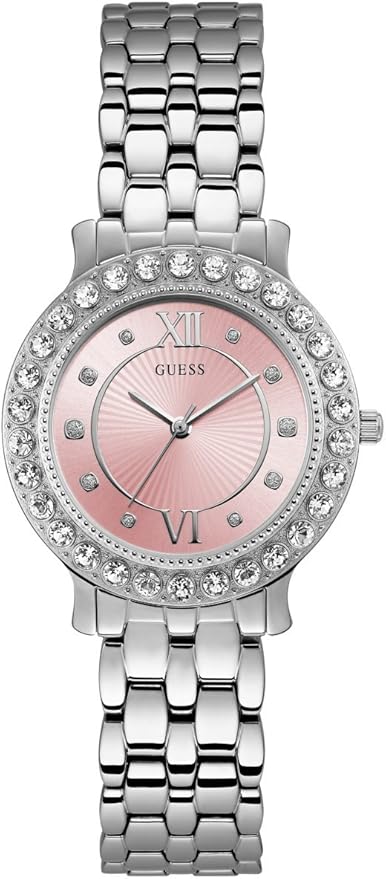 Guess Stainless Steel + Pink Crystal Bracelet Watch, Silver-Tone