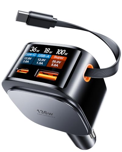 Estbuc 136W Retractable Car Charger with USB-C & USB-A