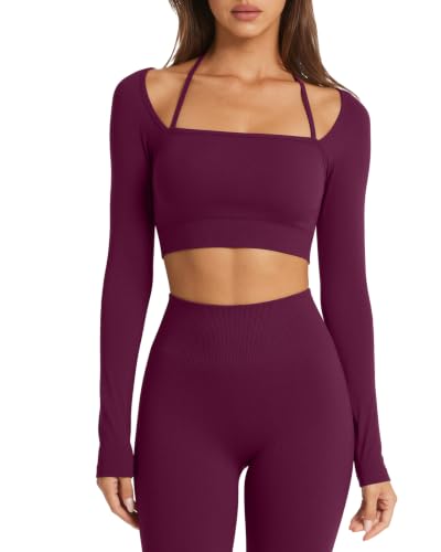SUUKSESS Square Neck Crop Top & Seamless Leggings Set (Purple, S)