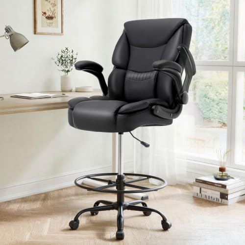 Ergonomic Tall Office Chair with Flip-Up Armrest, Brown PU Leather