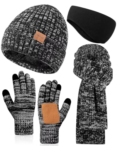 Winter Hat Gloves Scarf Headband Set, Fleece Lined, Touchscreen